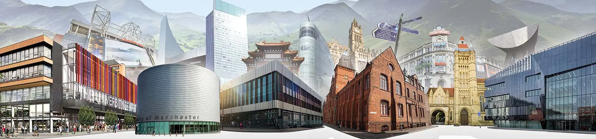 Collage of notable Manchester buildings and landmarks, including modern glass structures, historic brick architecture, cultural sites, and sports stadiums, set against a backdrop of green hills.